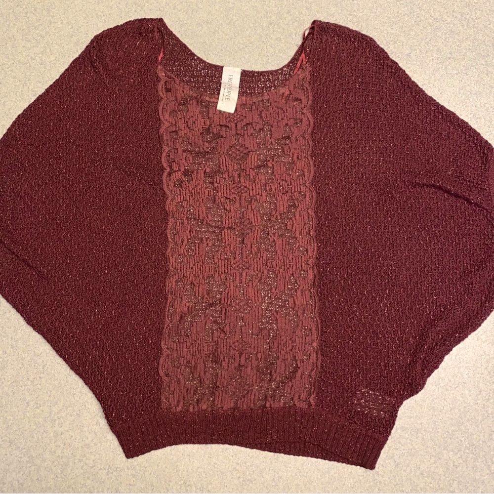 Free People Burgundy Embroidered Domain Sweater Dolman Style.